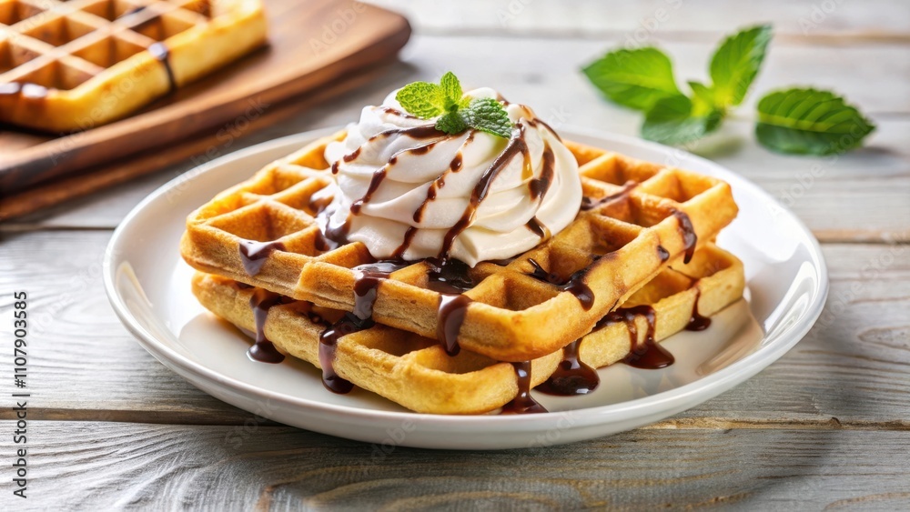 Poster a stack of golden waffles topped with fluffy whipped cream, a generous drizzle of rich chocolate sau