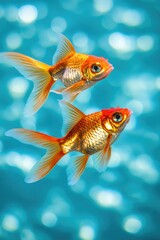 Fototapeta premium Two goldfish swim together in a calm blue body of water