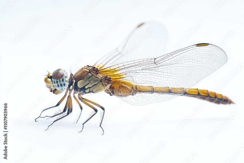 Poster A detailed view of a dragonfly perched on a light-colored surface, ready to take flight