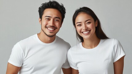 Fototapeta premium A pair of people standing together, smiling, and posing for the camera