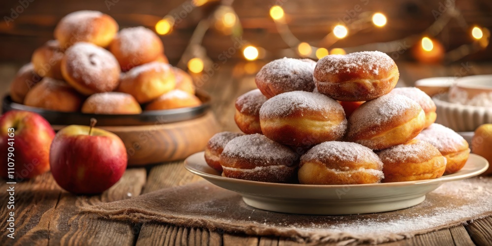 Poster a delightful stack of powdered sugar donuts, nestled on a rustic wooden table, creates a tempting sc