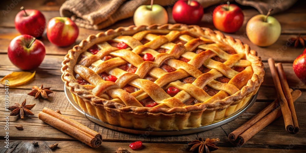 Poster a golden brown lattice-top apple pie with a flaky crust, resting on a rustic wooden table surrounded