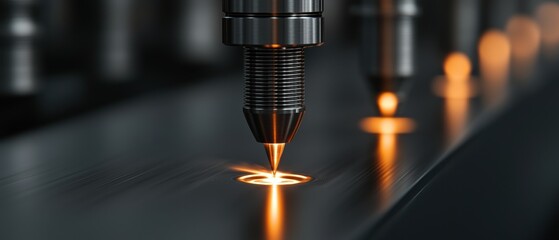 Close-up of a cnc (computer numerical control) machine in action. the machine is black in color and has a cylindrical shape with a pointed tip.