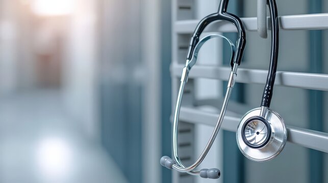 Close-up of a stethoscope hanging in a medical facility.
