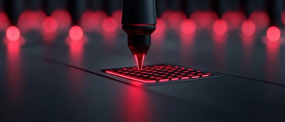 Close-up of a red laser pointer on a black surface. the laser pointer is positioned in the center of the image and is emitting a bright red light.