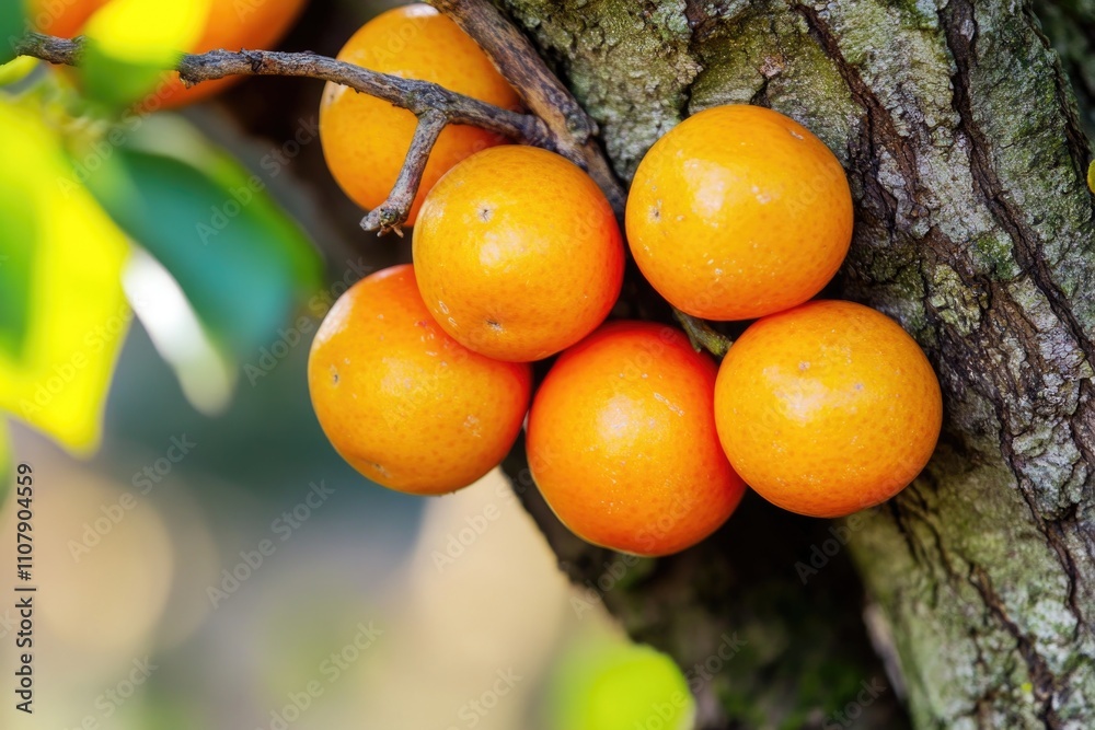 Poster fresh oranges hung on the branch of a tree, ready to be picked