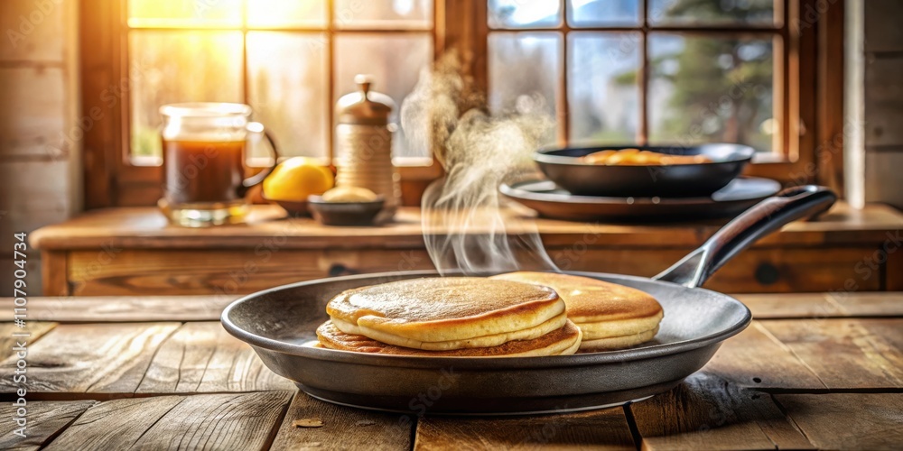 Poster Freshly cooked pancakes steaming in a skillet on a rustic wooden table with natural light streaming in through a window