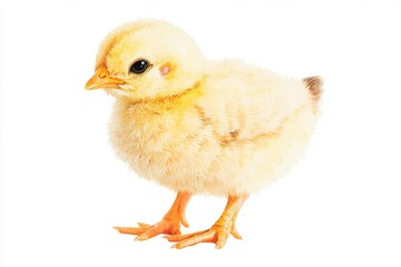 Fototapeta premium A small yellow chicken standing on a white surface