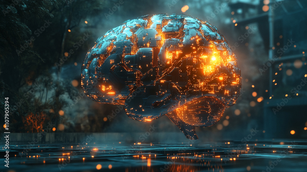 Aufkleber digital brain floating in a surreal environment illuminated by orange lights and surrounded by mist