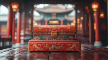 opening gift box with chinese ancient building 3d rendering