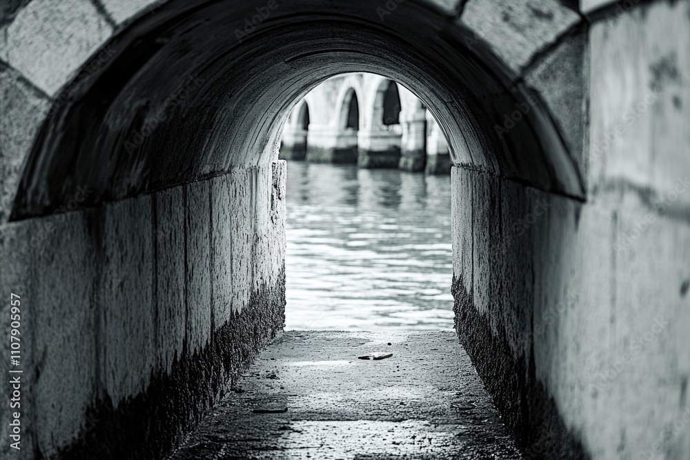 Poster A monochrome image of a tunnel, ideal for use in designs where a classic look is desired