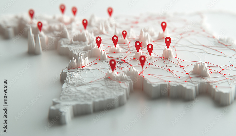 Leinwandbilder Map showing multiple location markers connected by lines on a three-dimensional surface