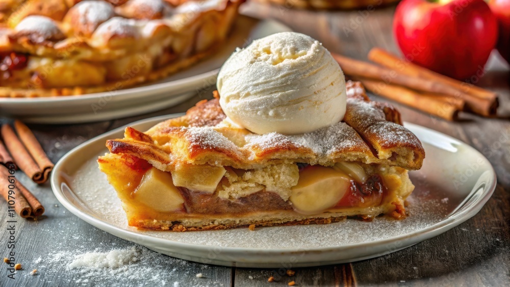 Poster a slice of warm apple pie with a scoop of vanilla ice cream, dusted with powdered sugar, resting on 