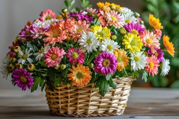 A basket overflowing with vibrant flowers, perfect for celebrations or as a decorative centerpiece