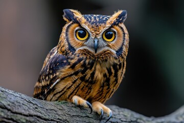 Obraz premium A close-up of a stunning owl sitting on a branch, revealing intricate patterns and colors, symbolizing wisdom, mystery, and the beauty of wildlife in its natural habitat.