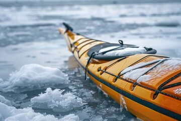Obraz premium A yellow kayak sits on the surface of ice-covered water, ready for adventure