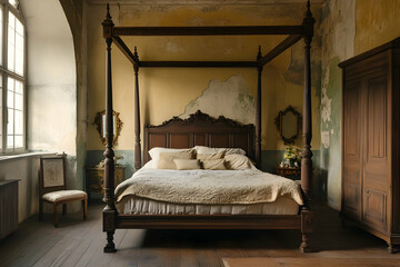 A serene vintage bedroom showcases a four-poster bed surrounded by elegant antique furnishings