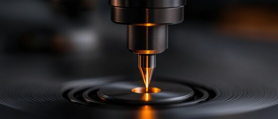 Close-up of a cnc (computer numerical control) machine cutting a piece of metal. the machine is black in color and has a cylindrical shape with a nozzle at the top.
