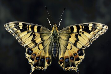 A close-up shot of a yellow and black butterfly perched on a black surface