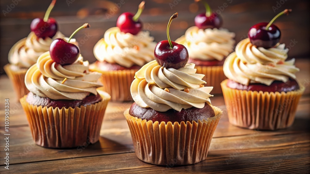 Poster a delightful arrangement of decadent chocolate cupcakes adorned with swirls of creamy frosting and v