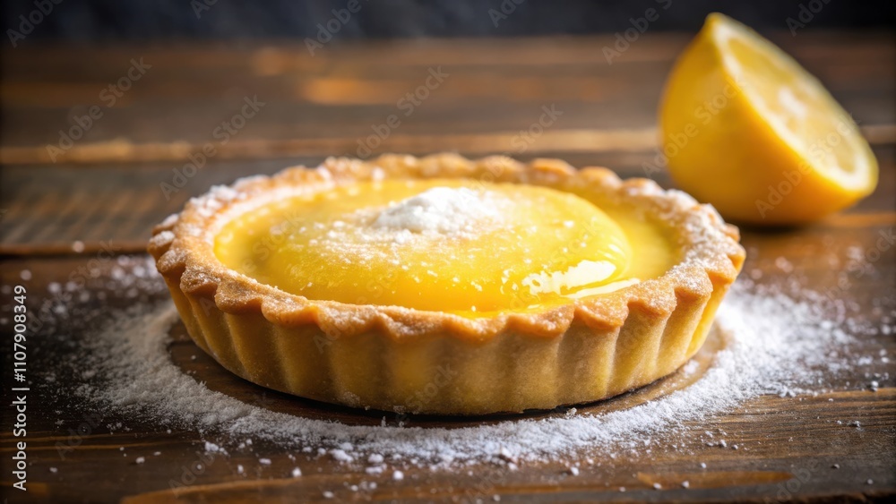 Poster a single lemon tart dusted with powdered sugar, sitting on a rustic wooden surface. the tart is a de