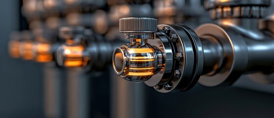 Fototapeta premium Close-up of a metallic pipe with a cylindrical valve in the center. the valve has a black knob on top and is surrounded by a series of orange-colored pipes.