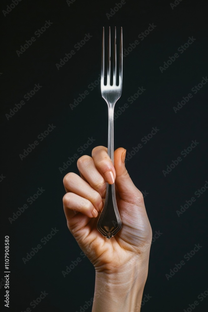 Poster a person grasping a fork with intent, possibly at a meal or table setting