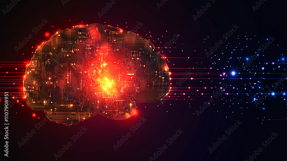 Poster Artistic representation of a digital brain illuminated by glowing circuits and data streams in a dark setting