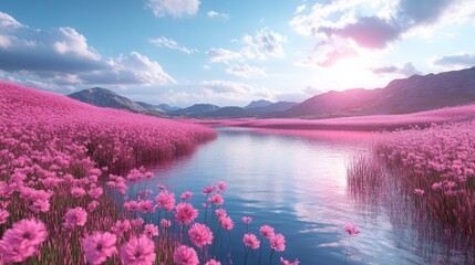Obraz premium pink grassland with lakes 3d rendering