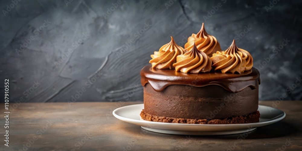 Poster a decadent chocolate cake topped with swirls of rich caramel frosting, sitting on a simple white pla