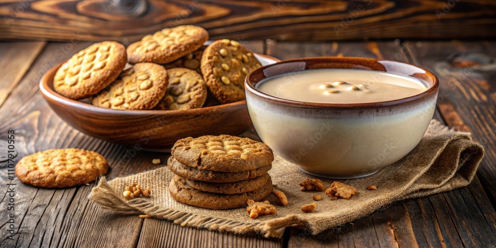 Poster a bowl of creamy milk and a stack of homemade cookies on burlap on a rustic wood table