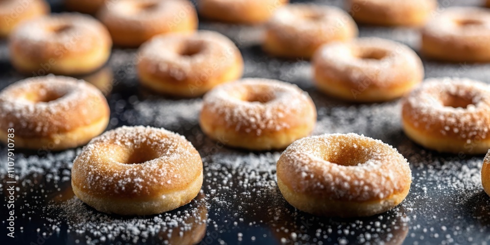 Poster a close-up of a row of freshly baked, sweet donuts dusted with powdered sugar, arranged on a black s