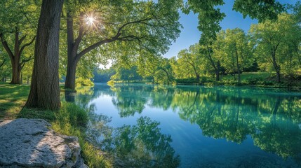Serene River Reflection in a Lush Green Forest