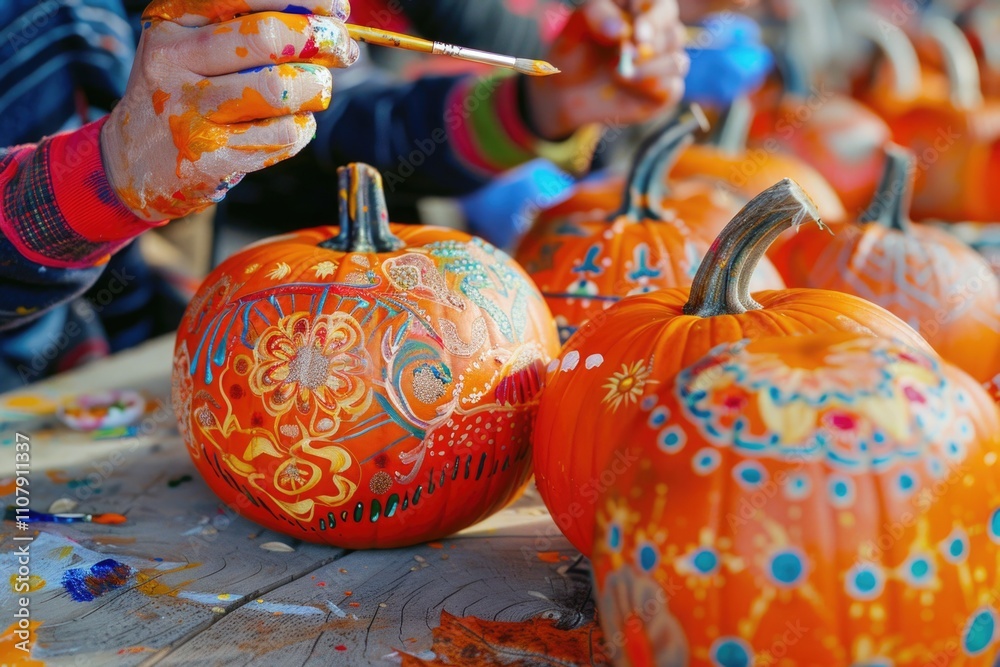 Poster a person paints a pumpkin with a brush, creating a unique design