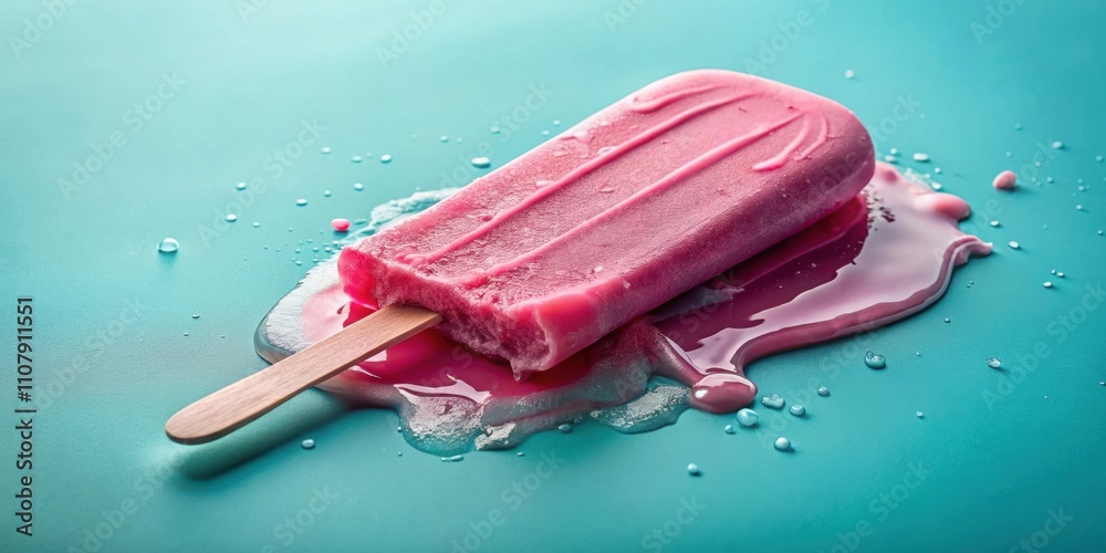 Poster A partially melted pink popsicle on a teal surface, with the melted ice cream spreading out around it in a puddle, creating a colorful and refreshing visual.