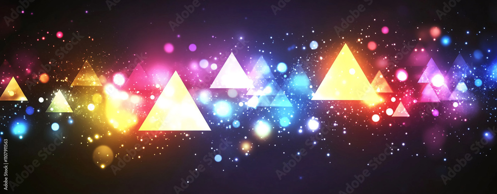 Poster Bright geometric shapes illuminate a vibrant background of colors and lights in an abstract visual display