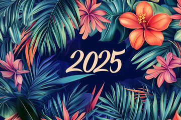 Naklejka premium A vibrant tropical design featuring palm leaves, flowers, and soft sunset gradients with '2025' in an elegant white script font at the center. Great for summer and festive themes