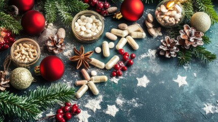 Holiday vitamins and supplements arranged with festive decor and natural elements on a textured surface