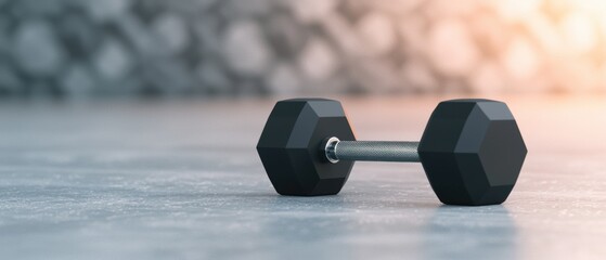 Pair of dumbbells on a concrete surface. the dumbbell is black in color and has a hexagonal shape with a silver bar attached to it.