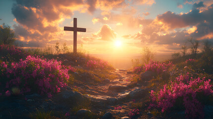 A cross is in a field of pink flowers. The sun is setting in the background. The scene is peaceful and serene