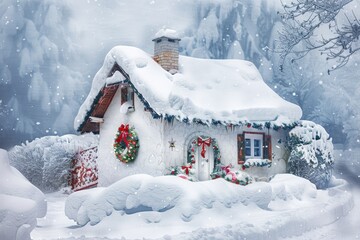 Naklejka premium A small white house surrounded by snow, great for winter scenes and cold weather images