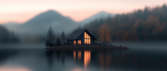 Fototapeta premium Beautiful landscape of a small cabin on a small island in the middle of a lake. the cabin is made of wood and has a sloping roof with a chimney.