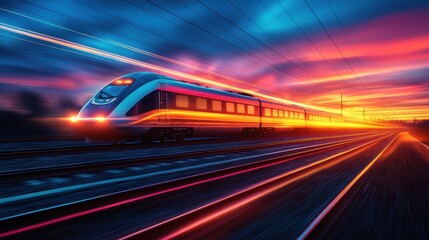 Fototapeta premium railroad in motion at sunset railway station with motion blur effect against colorful blue sky industrial concept background railroad travel railway tourism blurred railway transportatio