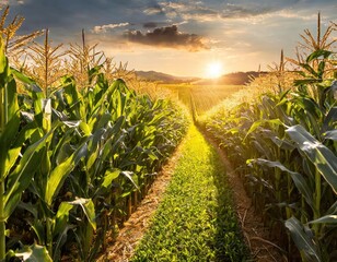 Inside a golden corn maze in an agricultural crop field during sunset or sunrise. Generated with AI