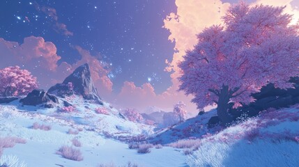 Dreamlike Winter Landscape With Pink Blossom Trees