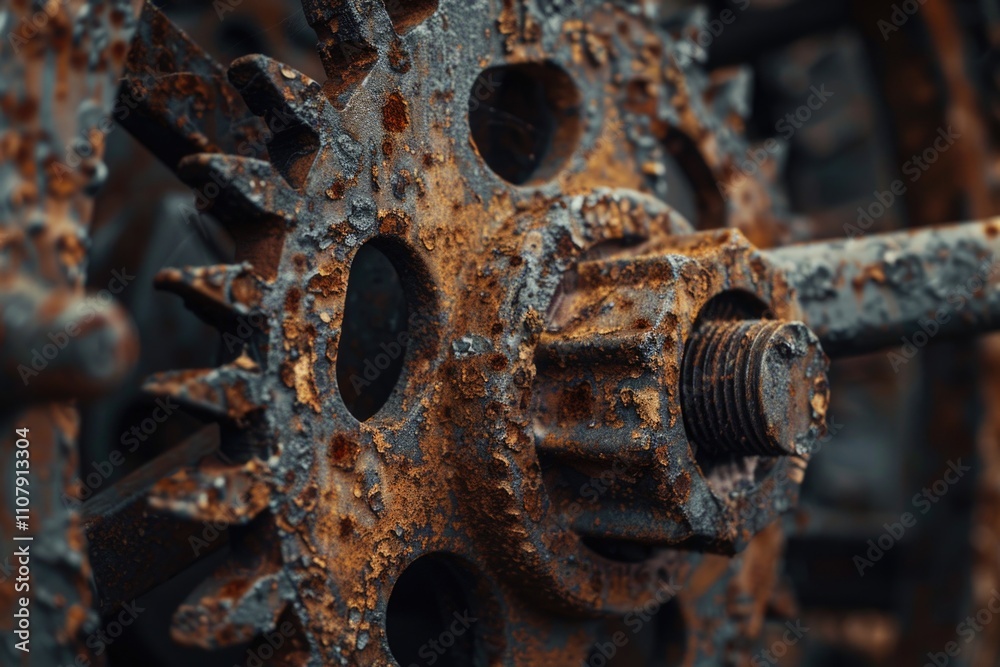 Poster A close-up view of a rusty gear wheel with intricate details and texture