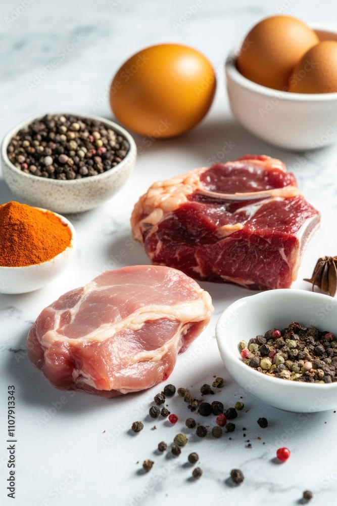 Poster a variety of meats displayed on a table