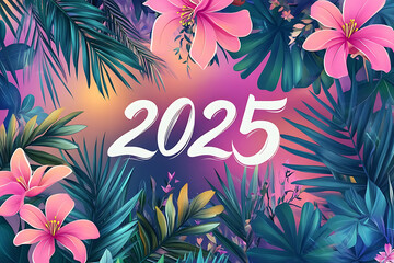 Naklejka premium A vibrant tropical design featuring palm leaves, flowers, and soft sunset gradients with '2025' in an elegant white script font at the center. Great for summer and festive themes