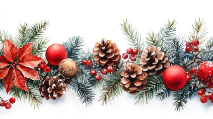 Round Christmas Decoration with Red Ornaments and Pine Cones
