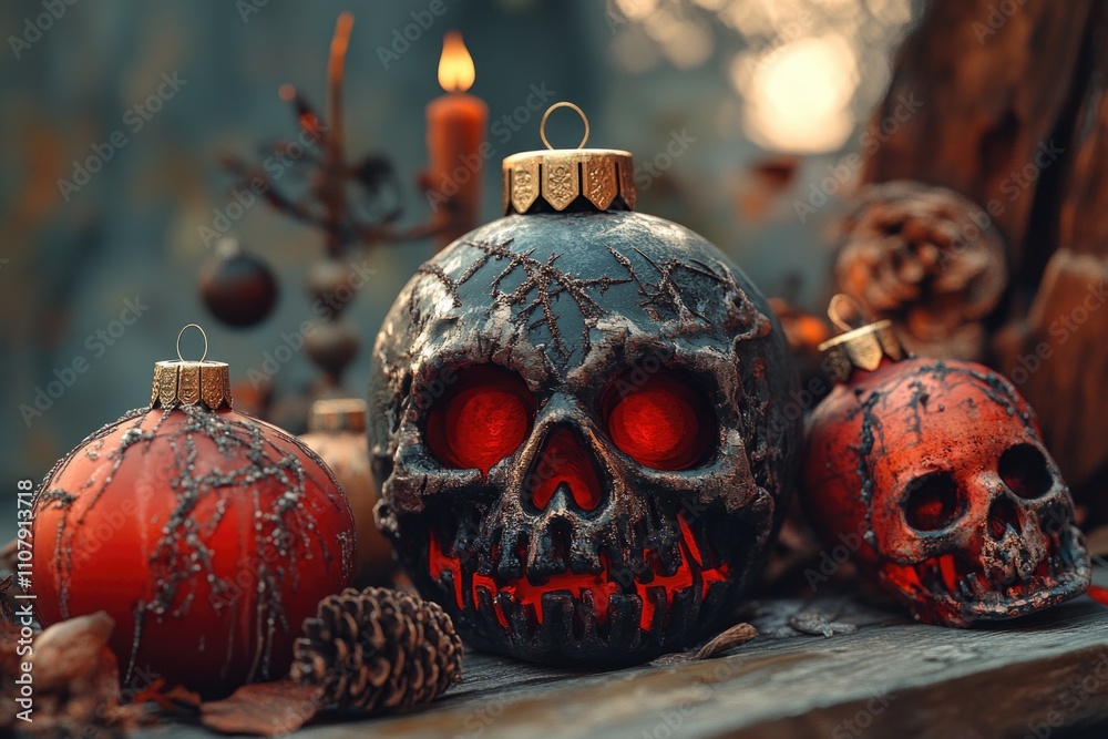 Poster a detailed view of a decorative skull on a table